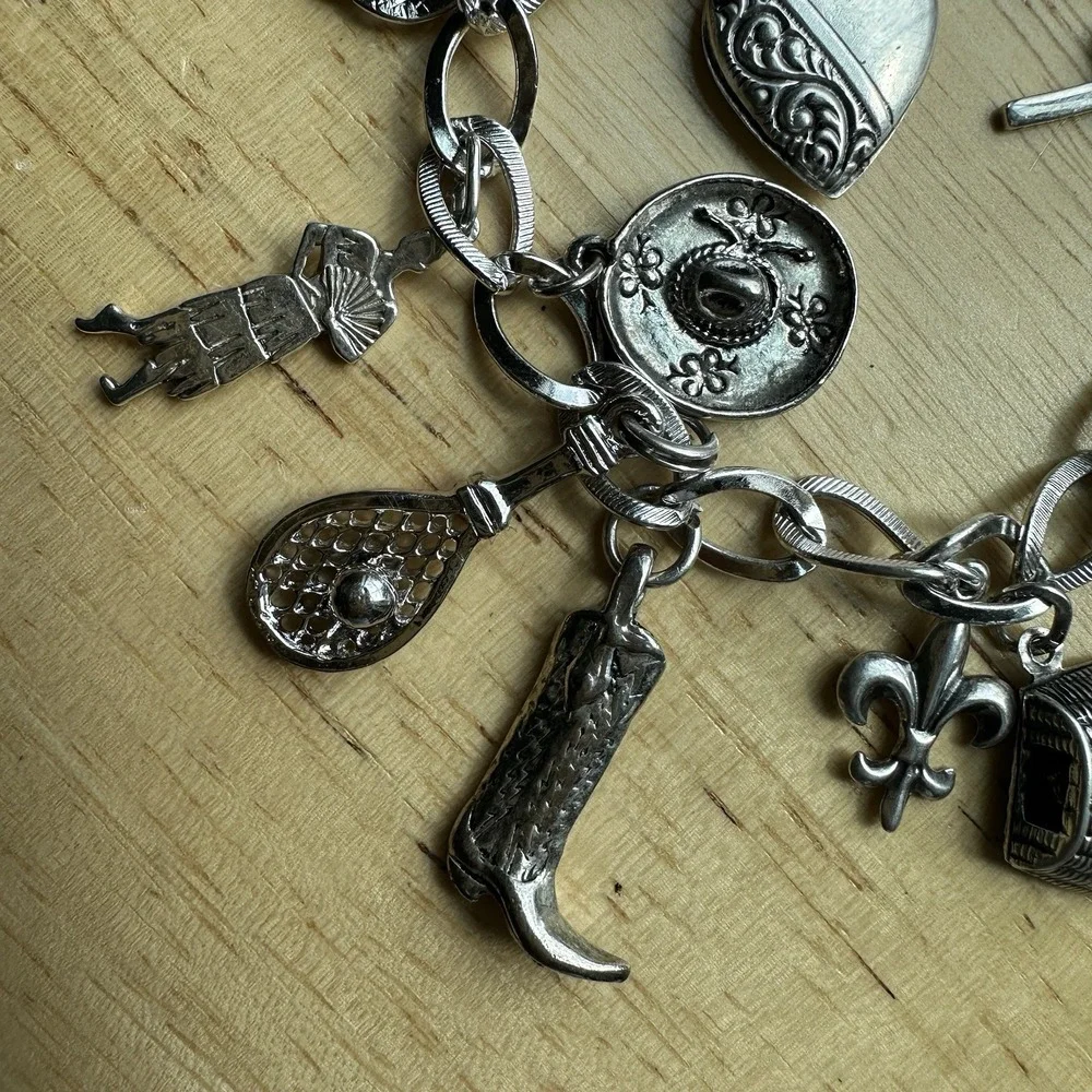 VTG Charm‎ Bracelet 6.5 Inch Sport Western Cross Heart Travel 925 Sterling 37.6g